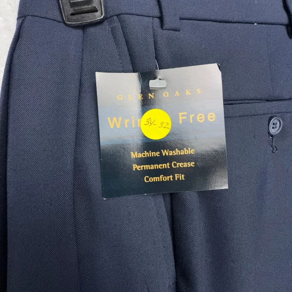 Glen Oaks Men Wrinkle Free Comfort Fit Pleated Dress Pants Blue 34x32 Wool Blend